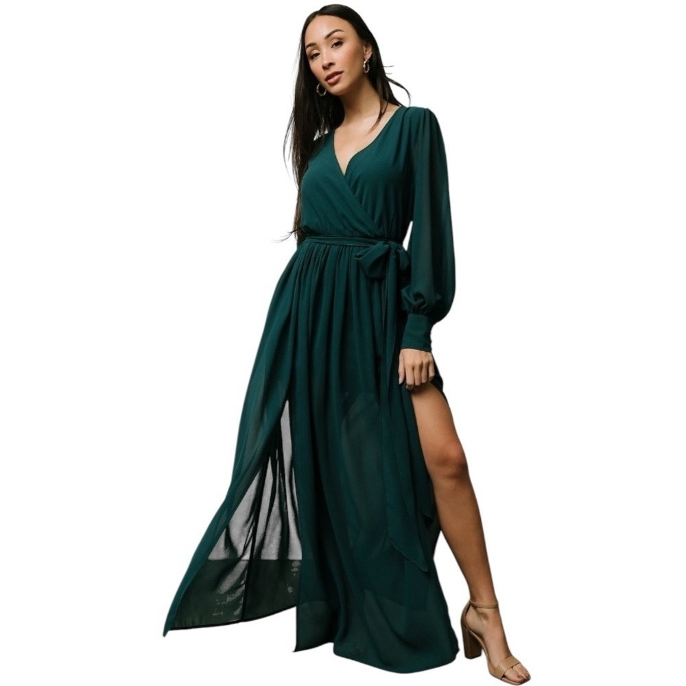BALTIC BORN Celine Maxi Dress Hunter Green Size S Wedding Party Wrap Flowy Slits